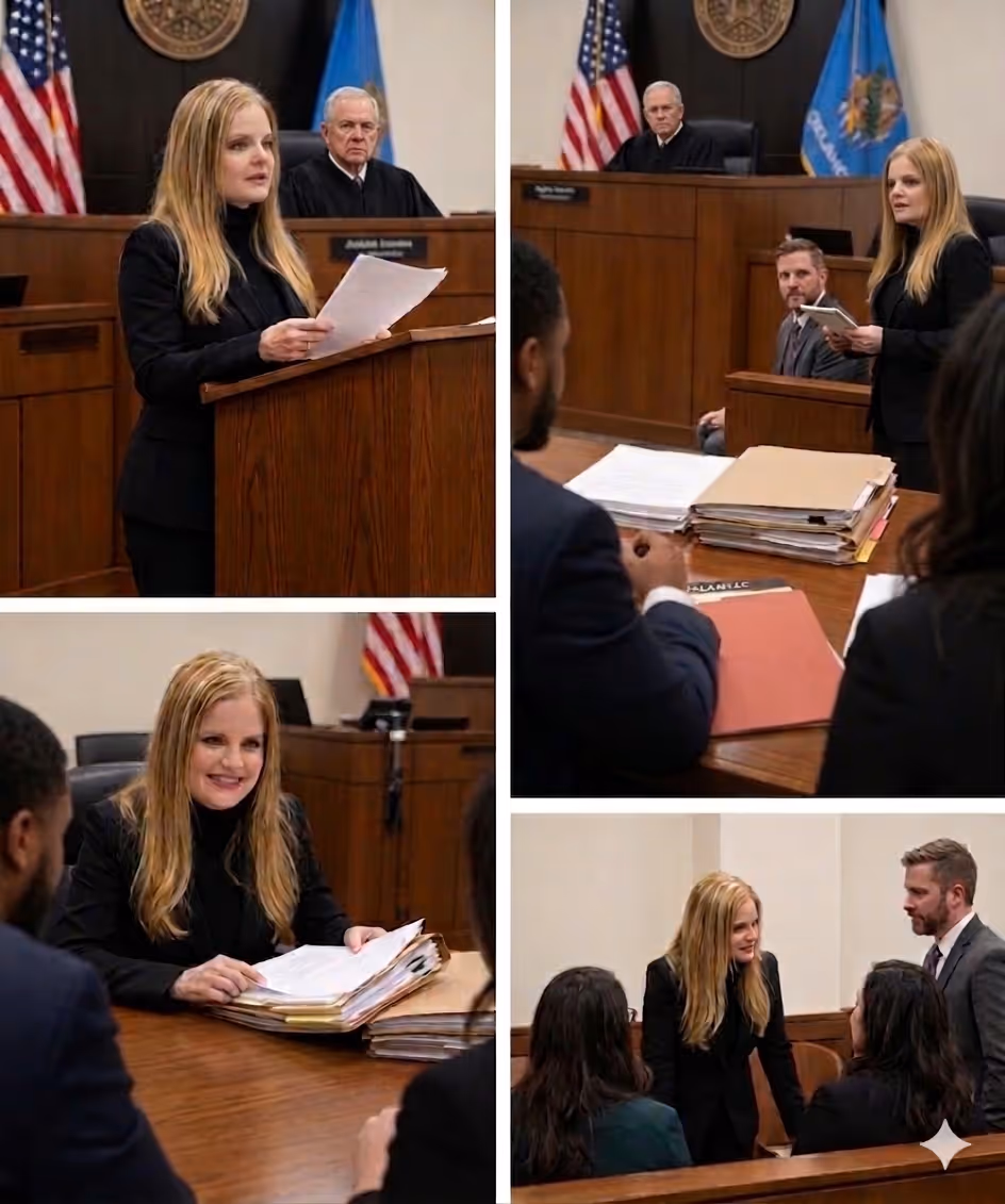 Tracy Cinocca in courtroom and client-review scenes
